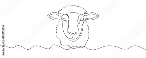 One continuous line of a sheep's or lamb's head. Line art of an animal's face with curly wool. Drawing in one line style with a black stroke on a white background. Minimalist vector illustration.