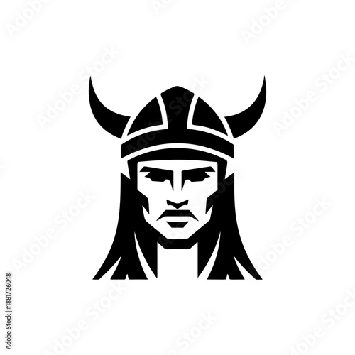 A fierce Viking warrior with prominent curved bull horns on his helmet, intense facial features, long flowing hair and beard, perfect for Norse mythology brands, heavy metal bands, adventure gear