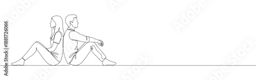 Continuous one line drawing of a couple sitting back-to-back, depicting comfort and independent togetherness