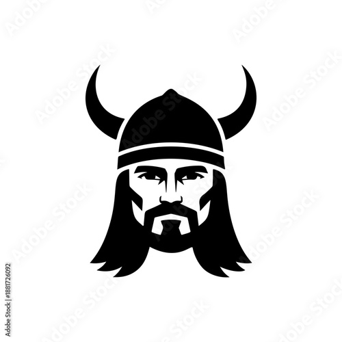 A fierce Viking warrior with prominent curved bull horns on his helmet, intense facial features, long flowing hair and beard, perfect for Norse mythology brands, heavy metal bands, adventure gear