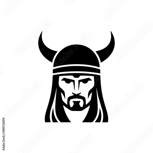A fierce Viking warrior with prominent curved bull horns on his helmet, intense facial features, long flowing hair and beard, perfect for Norse mythology brands, heavy metal bands, adventure gear