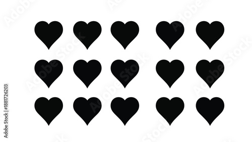 A simple arrangement of black hearts against a white background showcasing a pattern of affection and love