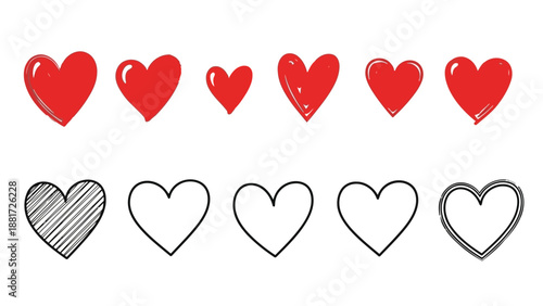 A row of vibrant red hearts paired with a matching row of outlined hearts in black showing contrast