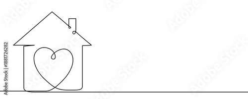 One continuous line of a house outline with a chimney, featuring a heart inside. Drawing in one line style with a black stroke on a white background. Minimalist vector illustration.