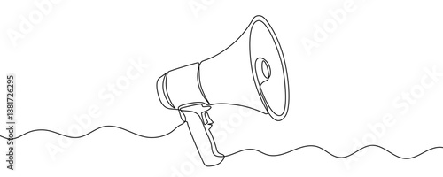 One continuous line of a hand-held megaphone. Line art of a loudspeaker with a wide bell. Drawing in one line style with a black stroke. Vector illustration.