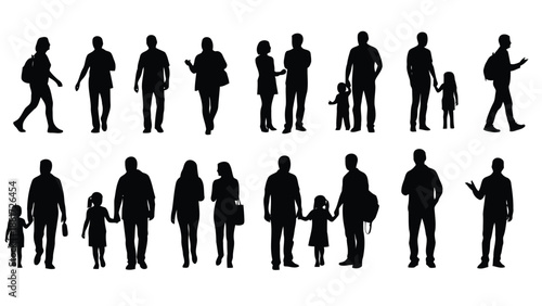 Collection of black silhouettes depicting various people walking and standing in different poses and sizes together