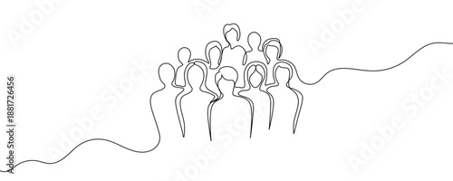 One continuous line forming the silhouettes of a group of people. Line art depicting a crowd or a team. Drawing in one line style with a black outline on a white background. Vector illustration.