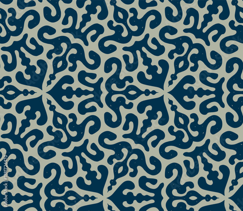 Seamless blue gray East Asian nomadic zoomorphic ornament pattern for modern decor