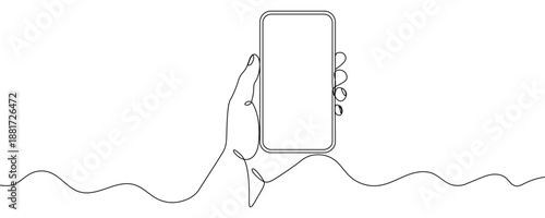 Hand holding a smartphone drawn in one continuous line. Minimalist line art of a mobile phone with a blank screen. Modern gadget and digital technology concept in one line art style with black editabl