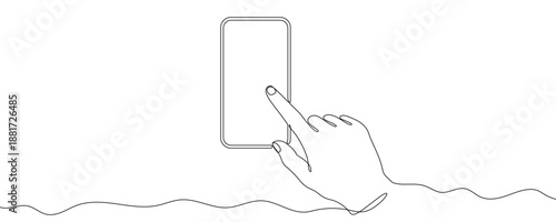 Minimalist one line drawing of a hand pointing at a smartphone screen. Continuous line of an index finger touching a mobile gadget. Clean line design symbolizing digital choice, click, or service acti