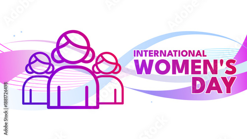 International women's day banner with female avatars and purple waves