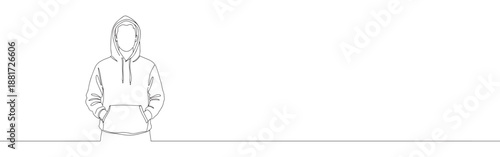 Continuous one line drawing of a person wearing a hoodie, standing with hands casually in pockets