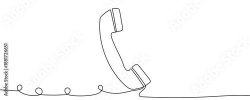 One continuous line of a classic telephone handset with a cord. Minimalist line art drawing of a retro phone. Concept of communication, customer support, contact, and conversation in one line art styl