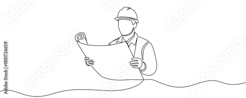 One continuous line of an engineer or builder in a safety helmet holding an unfolded plan or blueprint. Drawing in one line style with a black editable stroke. Vector illustration.