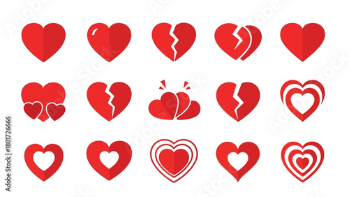 A collection of various red heart shapes including whole broken and outlined designs is displayed