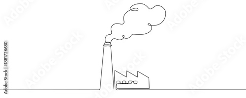 One continuous line of an industrial factory with a tall chimney emitting smoke. Minimalist line art drawing of a factory or manufacturing building in one line art style. Vector illustration.