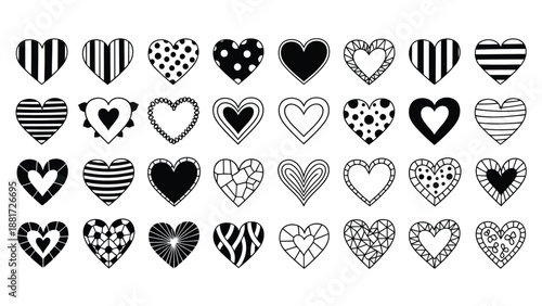 An assortment of uniquely patterned black and white hearts arranged closely together in a grid formation