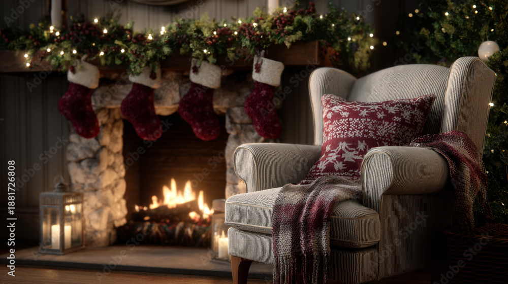 Naklejka premium Festive Christmas scene with a decorated fireplace.