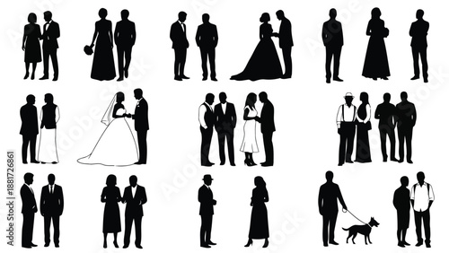 Silhouettes of people in various poses including couples families and individuals with pets displayed in black