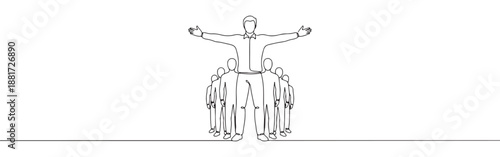 Continuous one line drawing of a confident leader with outstretched arms, standing before a united team