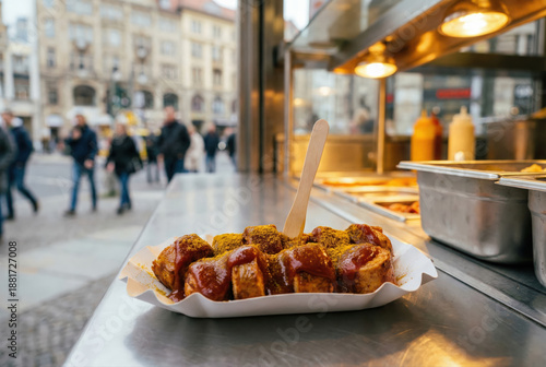 Traditional German Currywurst sliced sausage with ketchup and curry powder served at a street food stall.