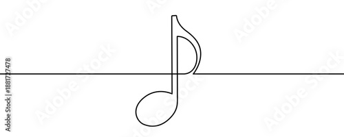 Musical note in one line art style. Music note drawing with editable black stroke on white background. Vector illustration.