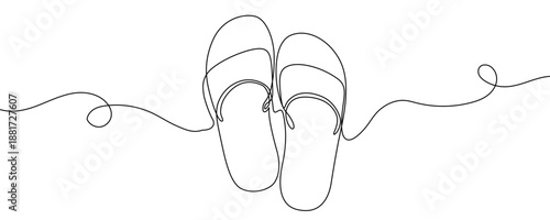 Sliders in one line art style. Slippers drawing with editable black stroke on white background. Vector illustration.