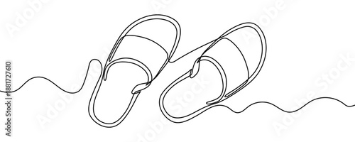 Sliders in one line art style. Slippers drawing with editable black stroke on white background. Vector illustration.