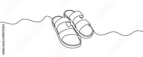 Sandals in one line art style. Summer footwear drawing with editable black stroke on white background. Vector illustration.