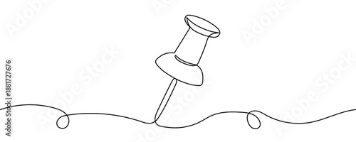 Push pin in one line art style. Drawing of a thumbtack with editable black stroke on white background. Vector illustration.