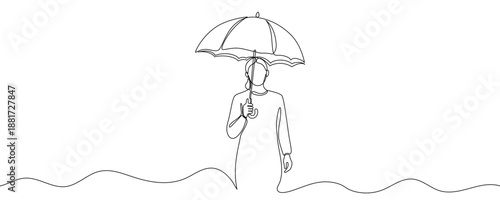 Woman with umbrella in one line art style. Drawing of a girl under rain with editable black stroke on white background. Vector illustration.