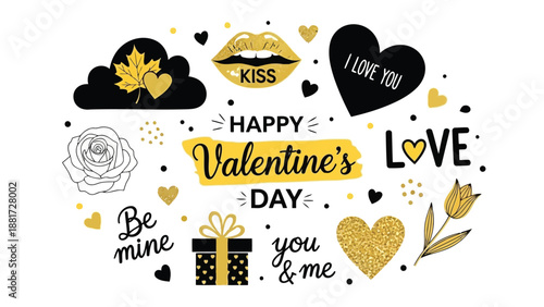 Valentine s day stickers and icons with hearts gifts and love messages on white background