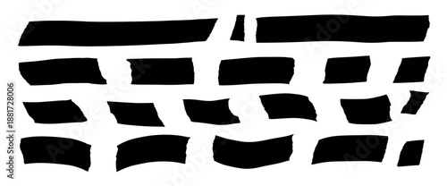 Adhesive paper masking tapes set. Simple washi strips silhouette. Black sticky notes, and scrapbook elements for crafting, journaling, and creative projects. Vector note tags isolated set no bg.