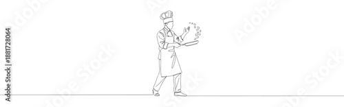 Continuous line drawing of a chef cooking with a pan, symbolizing culinary art, professional cooking, and passion for food