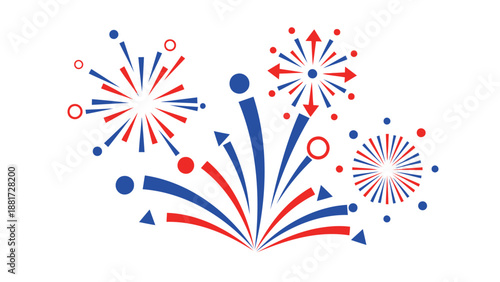 Vibrant red white and blue fireworks exploding on a plain white background