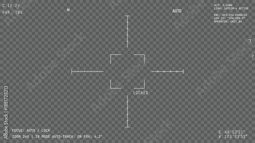 War drone camera viewfinder overlay. Template for military spy drone cam. Camera frame vector. White lines Ui on transparent background. Realistic stealth drone UI frame for games video, photo.