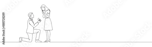 Continuous one line drawing of a man proposing to a woman, kneeling and offering an engagement ring