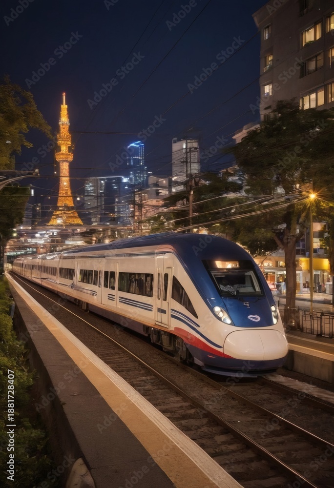 Fototapeta premium High-speed train at night with motion blur and bokeh city lights