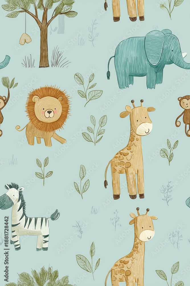 Fototapeta premium Cute cartoon jungle animals seamless pattern. Safari animals pattern with giraffes, elephants, and lions on a light blue background