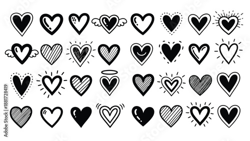 A collection of various hand drawn black heart shapes with differing designs and decorative elements is displayed