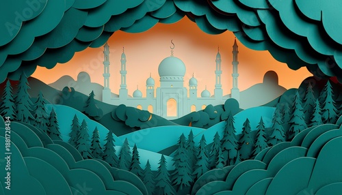 Paper Cut Mosque Silhouette Amidst Serene Layered Forest Landscape