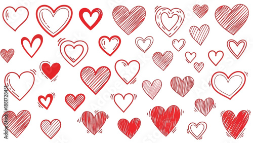 a collection of hand drawn hearts in various sizes and shades of red on white background