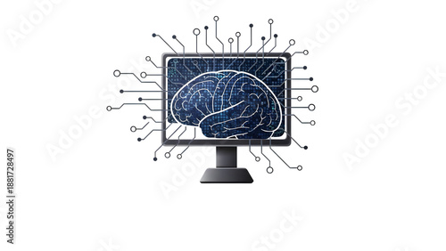 A computer monitor displaying a blue brain on an isolated transparent background