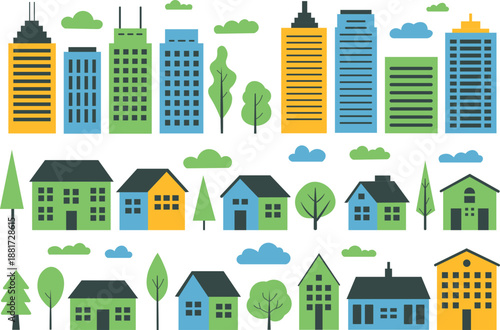 Cityscape and Residential Houses Vector Set – Urban Buildings, Homes, Trees and Clouds Illustration