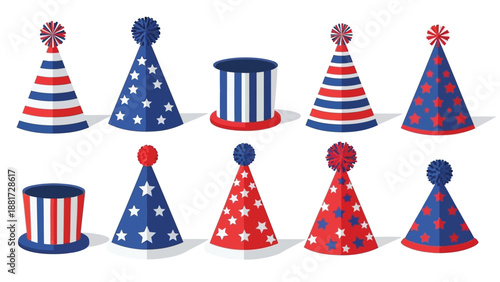 Collection of patriotic party hats in red white and blue with stars and stripes