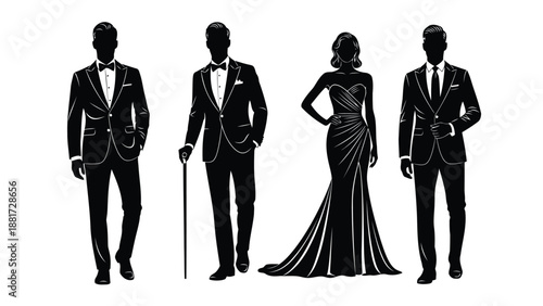 Elegant silhouettes of formally dressed people including three men in suits and one woman in a gown stand