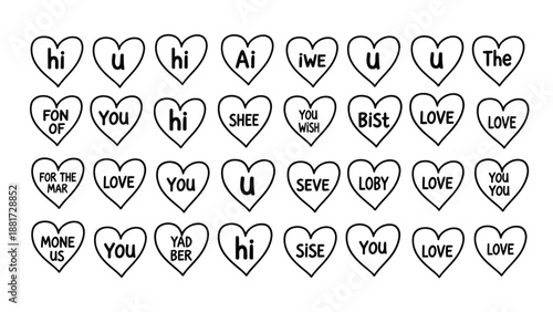 An array of heart shaped speech bubbles containing handwritten words predominantly expressing affection and sentiment