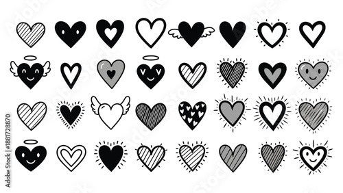 A collection of diverse hand drawn hearts some with faces halos and wings creates a playful loving aesthetic