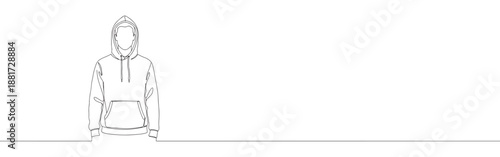 Continuous one line drawing of a person wearing a hoodie, standing with hands casually in pockets