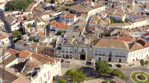Arco da Vila gate and Faro Old Town architecture aerial view Algarve